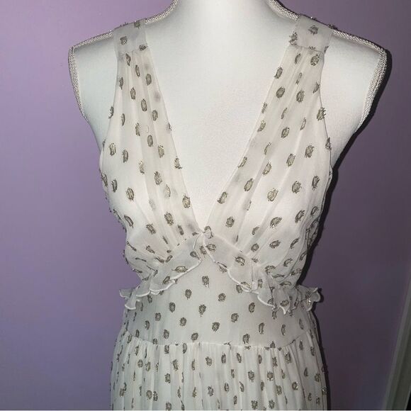NEW En Creme Maxi Dress M Boho Metallic Polka Dot Cutout Ruffle Tiered - Picture 4 of 13